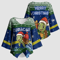 Curacao Christmas Kimono Sleeve Blouse with Santa Turtle Ocean Waves Snowflakes and Holiday Gift Design - Wonder Print Shop