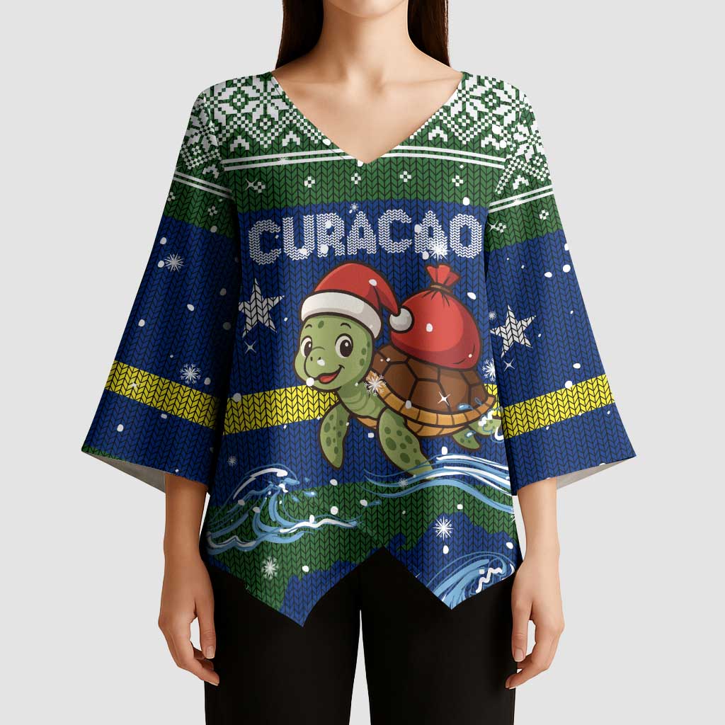 Curacao Christmas Kimono Sleeve Blouse with Santa Turtle Ocean Waves Snowflakes and Holiday Gift Design - Wonder Print Shop