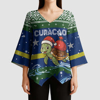 Curacao Christmas Kimono Sleeve Blouse with Santa Turtle Ocean Waves Snowflakes and Holiday Gift Design - Wonder Print Shop
