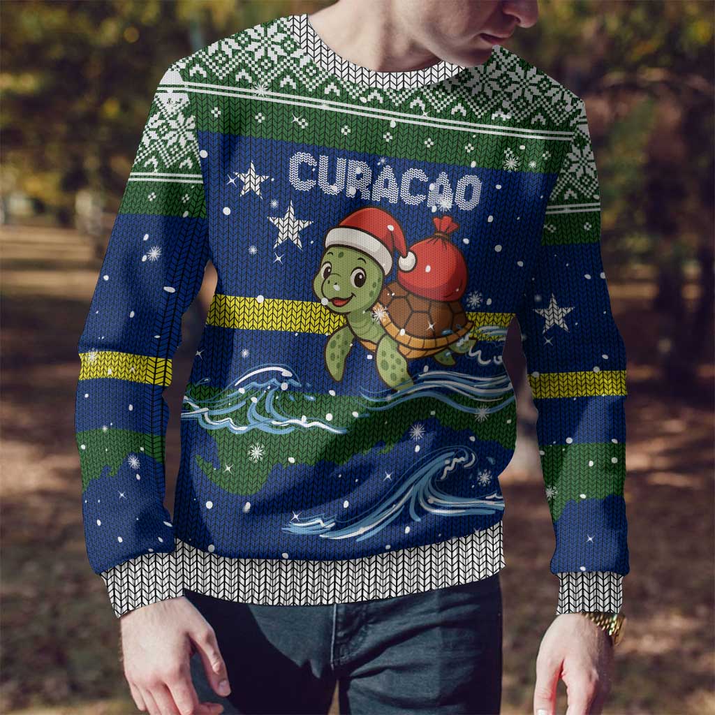 Curacao Christmas Ugly Christmas Sweater with Santa Turtle Ocean Waves Snowflakes and Holiday Gift Design - Wonder Print Shop