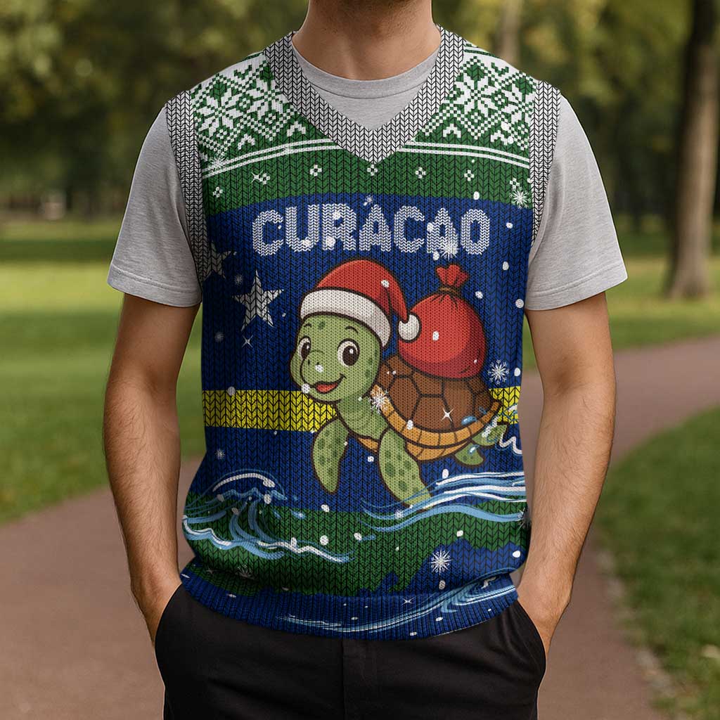 Curacao Christmas Knitted V-Neck Vest with Santa Turtle Ocean Waves Snowflakes and Holiday Gift Design - Wonder Print Shop