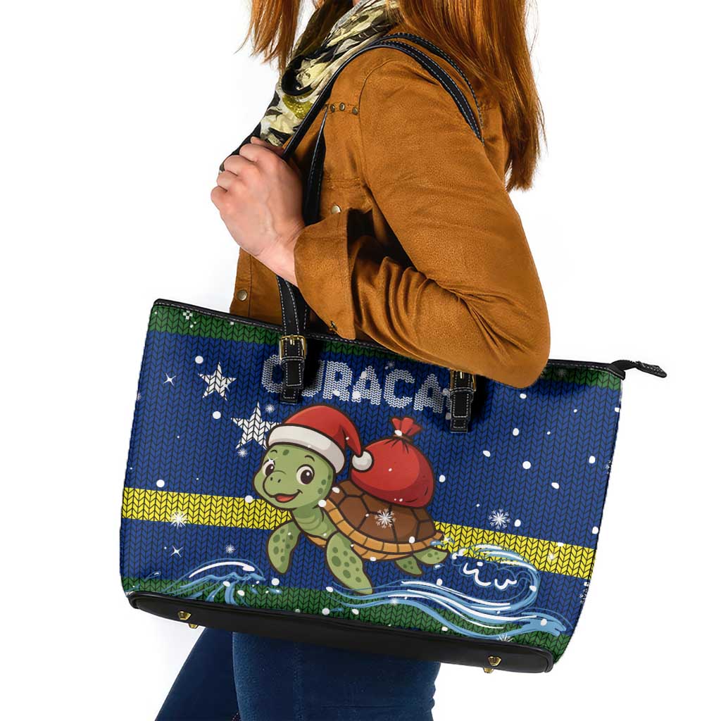 Curacao Christmas Leather Tote Bag with Santa Turtle Ocean Waves Snowflakes and Holiday Gift Design - Wonder Print Shop