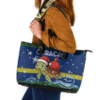 Curacao Christmas Leather Tote Bag with Santa Turtle Ocean Waves Snowflakes and Holiday Gift Design - Wonder Print Shop