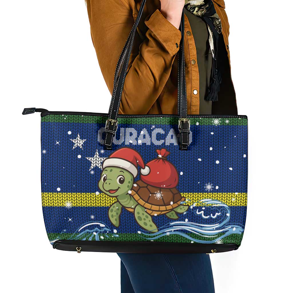Curacao Christmas Leather Tote Bag with Santa Turtle Ocean Waves Snowflakes and Holiday Gift Design - Wonder Print Shop