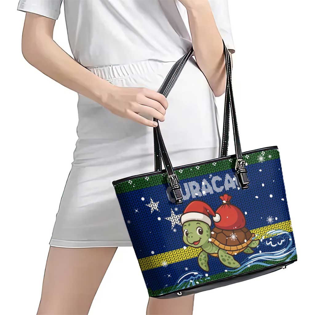 Curacao Christmas Leather Tote Bag with Santa Turtle Ocean Waves Snowflakes and Holiday Gift Design - Wonder Print Shop