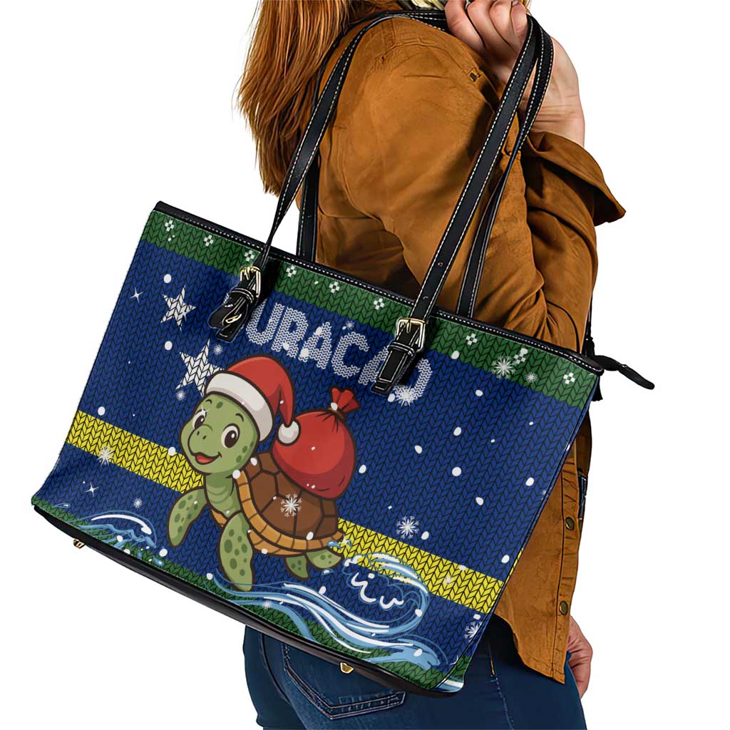 Curacao Christmas Leather Tote Bag with Santa Turtle Ocean Waves Snowflakes and Holiday Gift Design - Wonder Print Shop