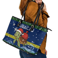 Curacao Christmas Leather Tote Bag with Santa Turtle Ocean Waves Snowflakes and Holiday Gift Design - Wonder Print Shop