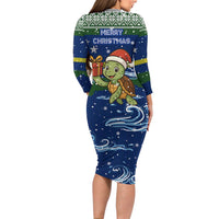 Curacao Christmas Long Sleeve Bodycon Dress with Santa Turtle Ocean Waves Snowflakes and Holiday Gift Design - Wonder Print Shop