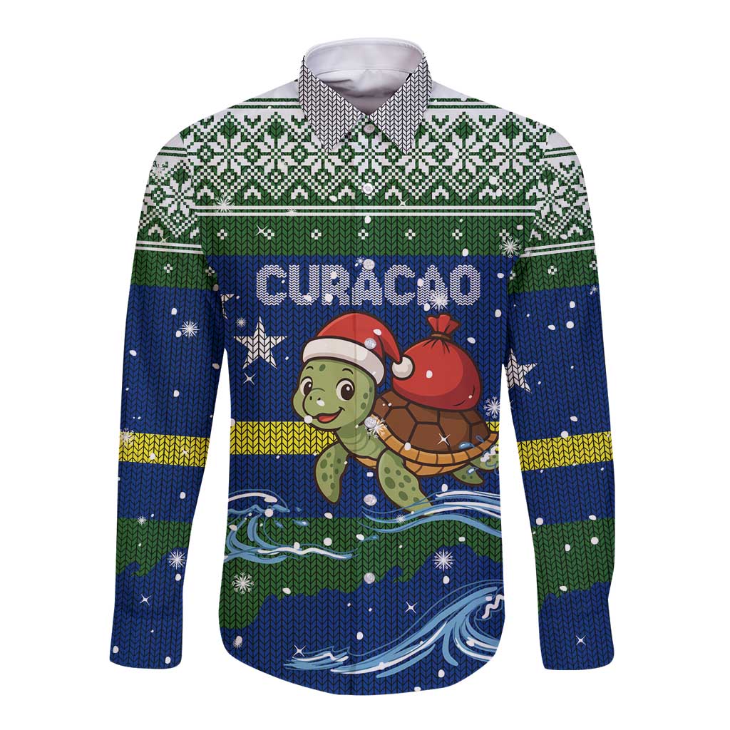 Curacao Christmas Long Sleeve Button Shirt with Santa Turtle Ocean Waves Snowflakes and Holiday Gift Design - Wonder Print Shop