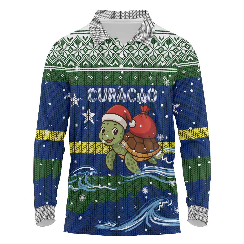 Curacao Christmas Long Sleeve Polo Shirt with Santa Turtle Ocean Waves Snowflakes and Holiday Gift Design - Wonder Print Shop