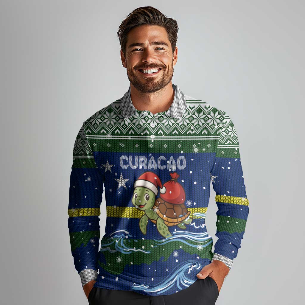Curacao Christmas Long Sleeve Polo Shirt with Santa Turtle Ocean Waves Snowflakes and Holiday Gift Design - Wonder Print Shop