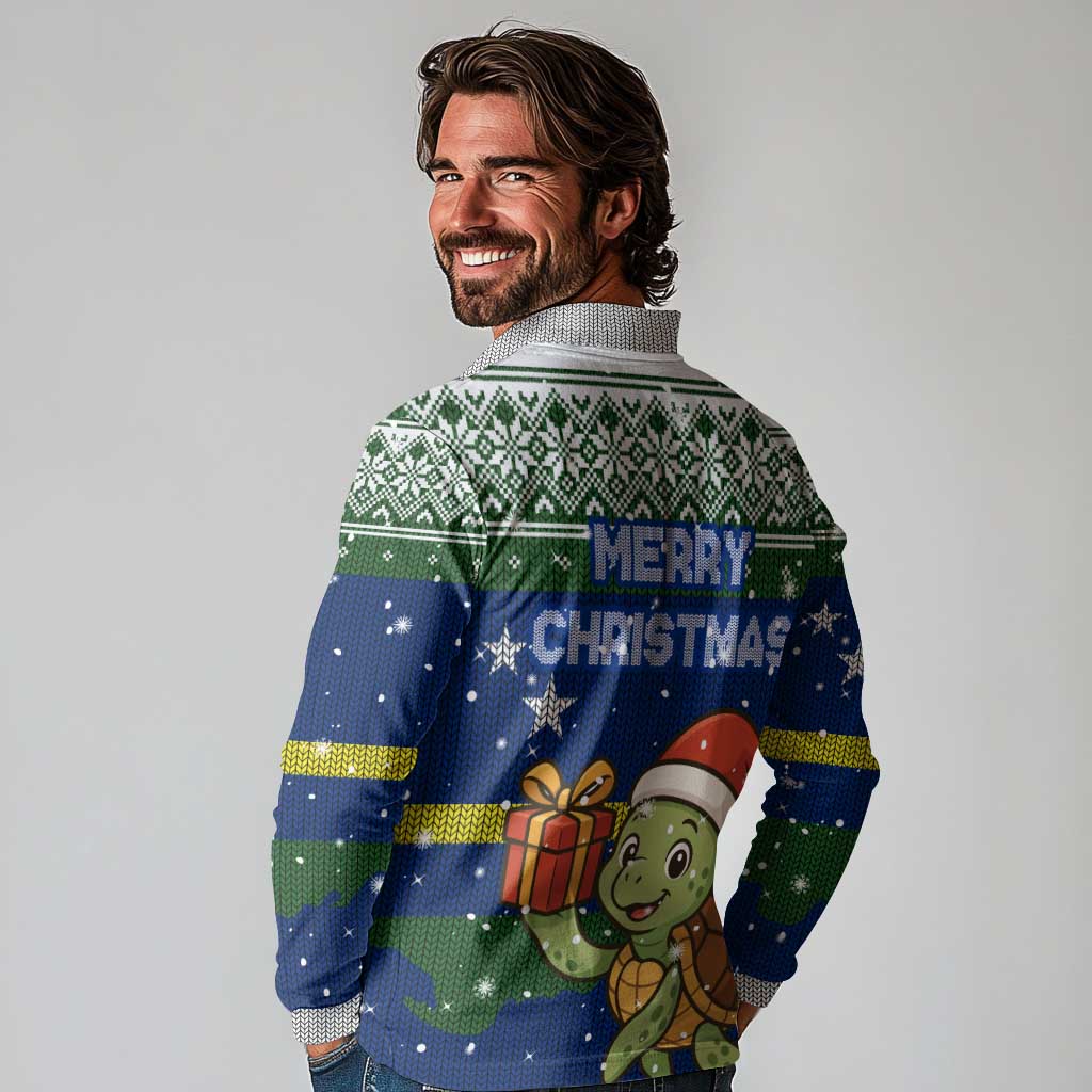 Curacao Christmas Long Sleeve Polo Shirt with Santa Turtle Ocean Waves Snowflakes and Holiday Gift Design - Wonder Print Shop