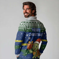 Curacao Christmas Long Sleeve Polo Shirt with Santa Turtle Ocean Waves Snowflakes and Holiday Gift Design - Wonder Print Shop
