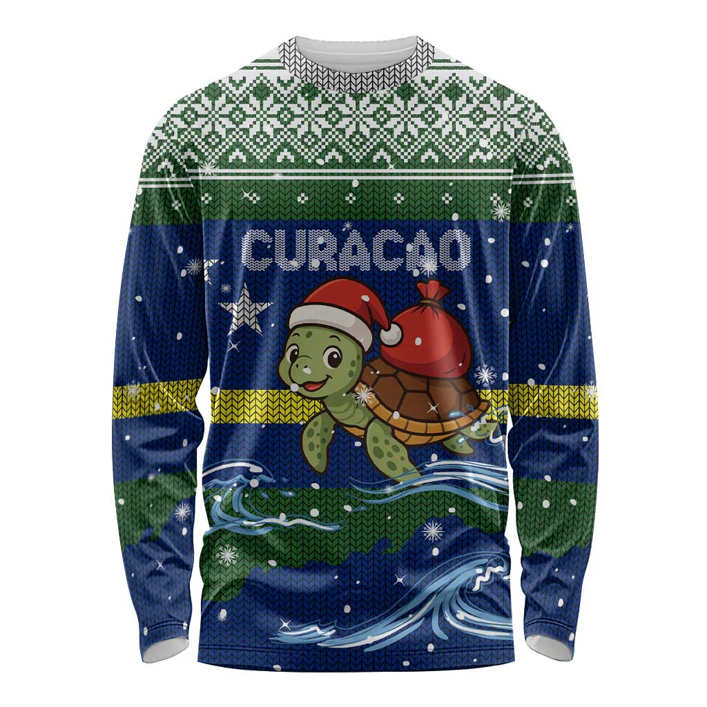 Curacao Christmas Long Sleeve Shirt with Santa Turtle Ocean Waves Snowflakes and Holiday Gift Design - Wonder Print Shop