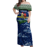 Curacao Christmas Off Shoulder Maxi Dress with Santa Turtle Ocean Waves Snowflakes and Holiday Gift Design - Wonder Print Shop