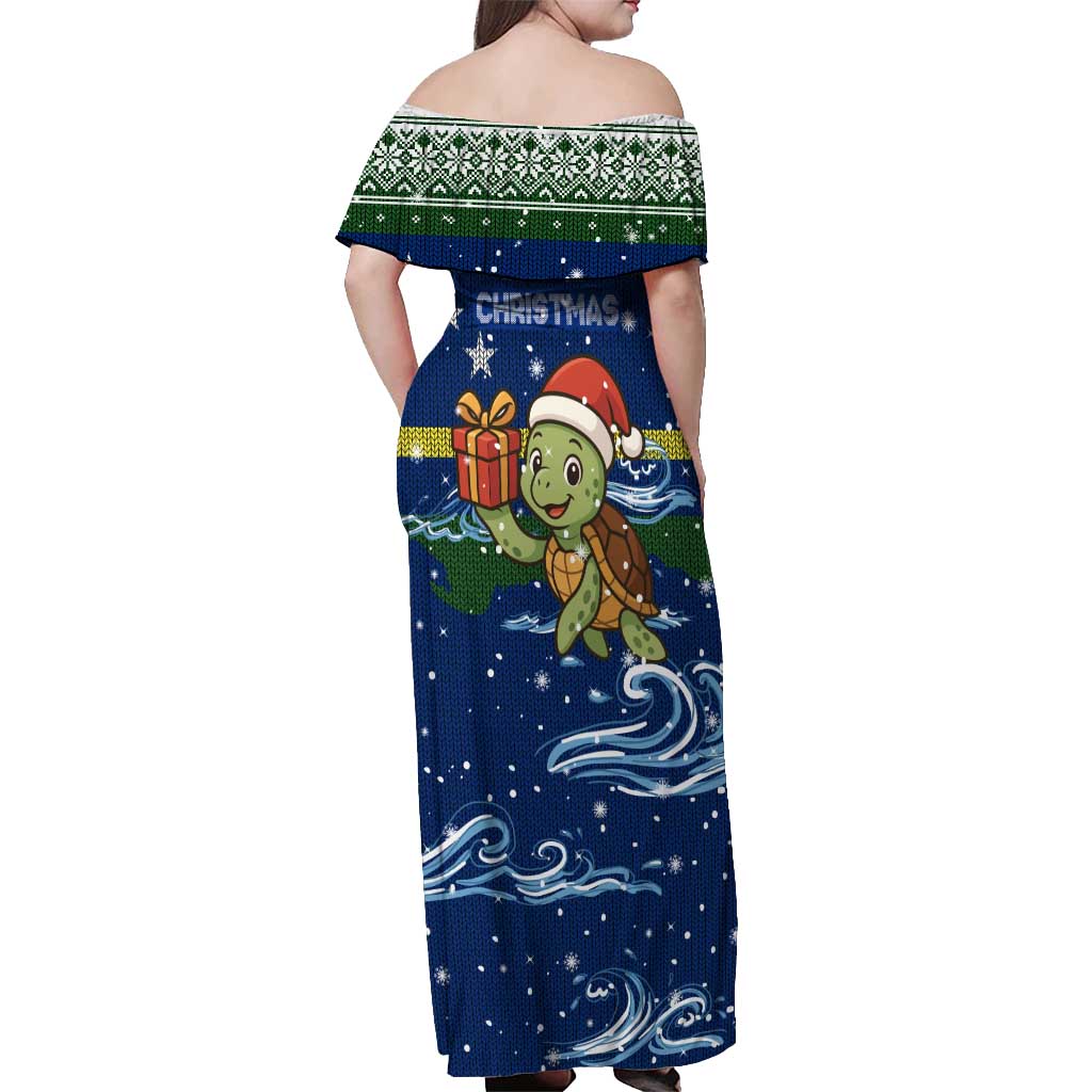 Curacao Christmas Off Shoulder Maxi Dress with Santa Turtle Ocean Waves Snowflakes and Holiday Gift Design - Wonder Print Shop