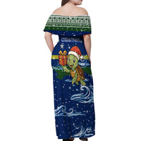 Curacao Christmas Off Shoulder Maxi Dress with Santa Turtle Ocean Waves Snowflakes and Holiday Gift Design - Wonder Print Shop