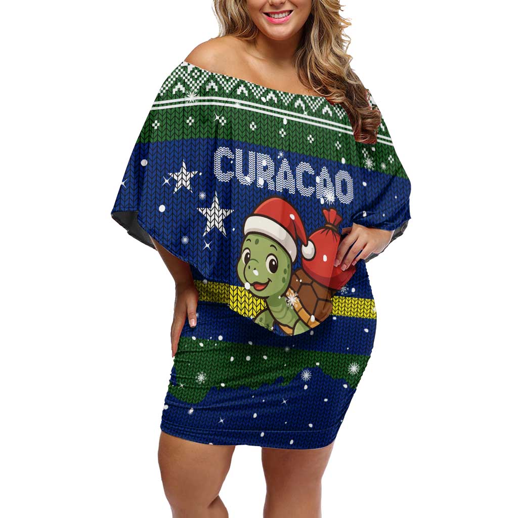 Curacao Christmas Off Shoulder Short Dress with Santa Turtle Ocean Waves Snowflakes and Holiday Gift Design - Wonder Print Shop