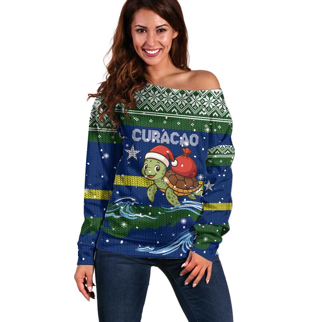 Curacao Christmas Off Shoulder Sweater with Santa Turtle Ocean Waves Snowflakes and Holiday Gift Design - Wonder Print Shop