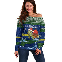 Curacao Christmas Off Shoulder Sweater with Santa Turtle Ocean Waves Snowflakes and Holiday Gift Design - Wonder Print Shop