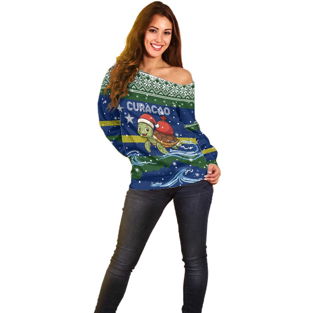 Curacao Christmas Off Shoulder Sweater with Santa Turtle Ocean Waves Snowflakes and Holiday Gift Design - Wonder Print Shop