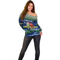 Curacao Christmas Off Shoulder Sweater with Santa Turtle Ocean Waves Snowflakes and Holiday Gift Design - Wonder Print Shop