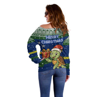Curacao Christmas Off Shoulder Sweater with Santa Turtle Ocean Waves Snowflakes and Holiday Gift Design - Wonder Print Shop