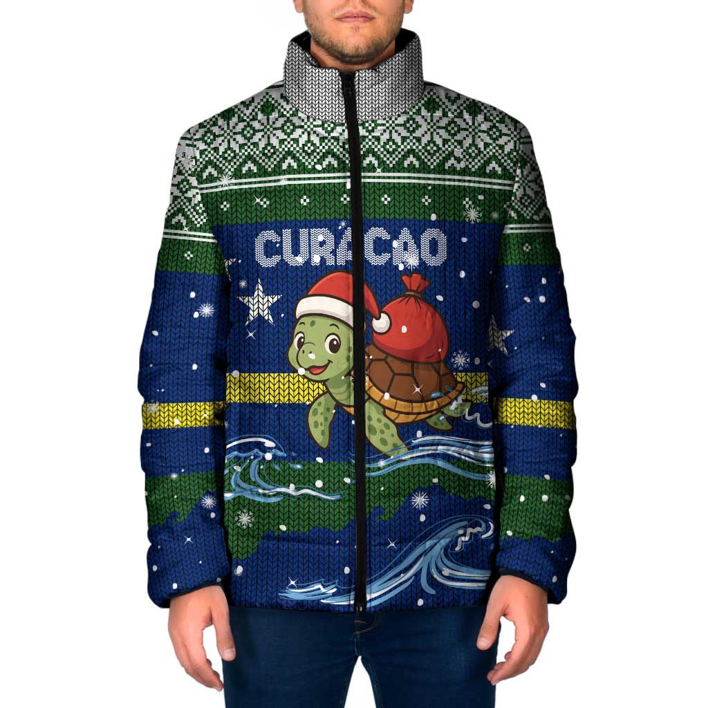 Curacao Christmas Padded Jacket with Santa Turtle Ocean Waves Snowflakes and Holiday Gift Design - Wonder Print Shop