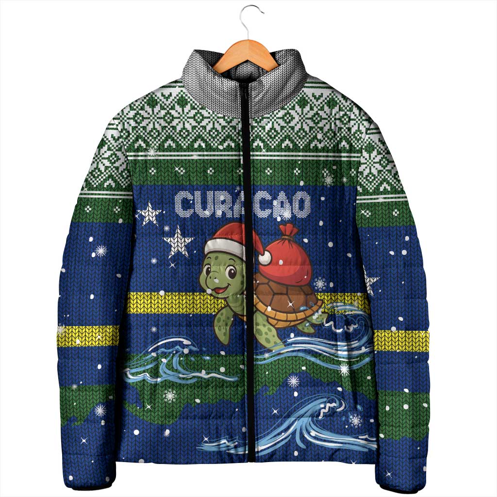 Curacao Christmas Padded Jacket with Santa Turtle Ocean Waves Snowflakes and Holiday Gift Design - Wonder Print Shop