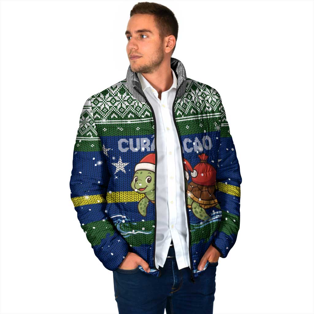 Curacao Christmas Padded Jacket with Santa Turtle Ocean Waves Snowflakes and Holiday Gift Design - Wonder Print Shop