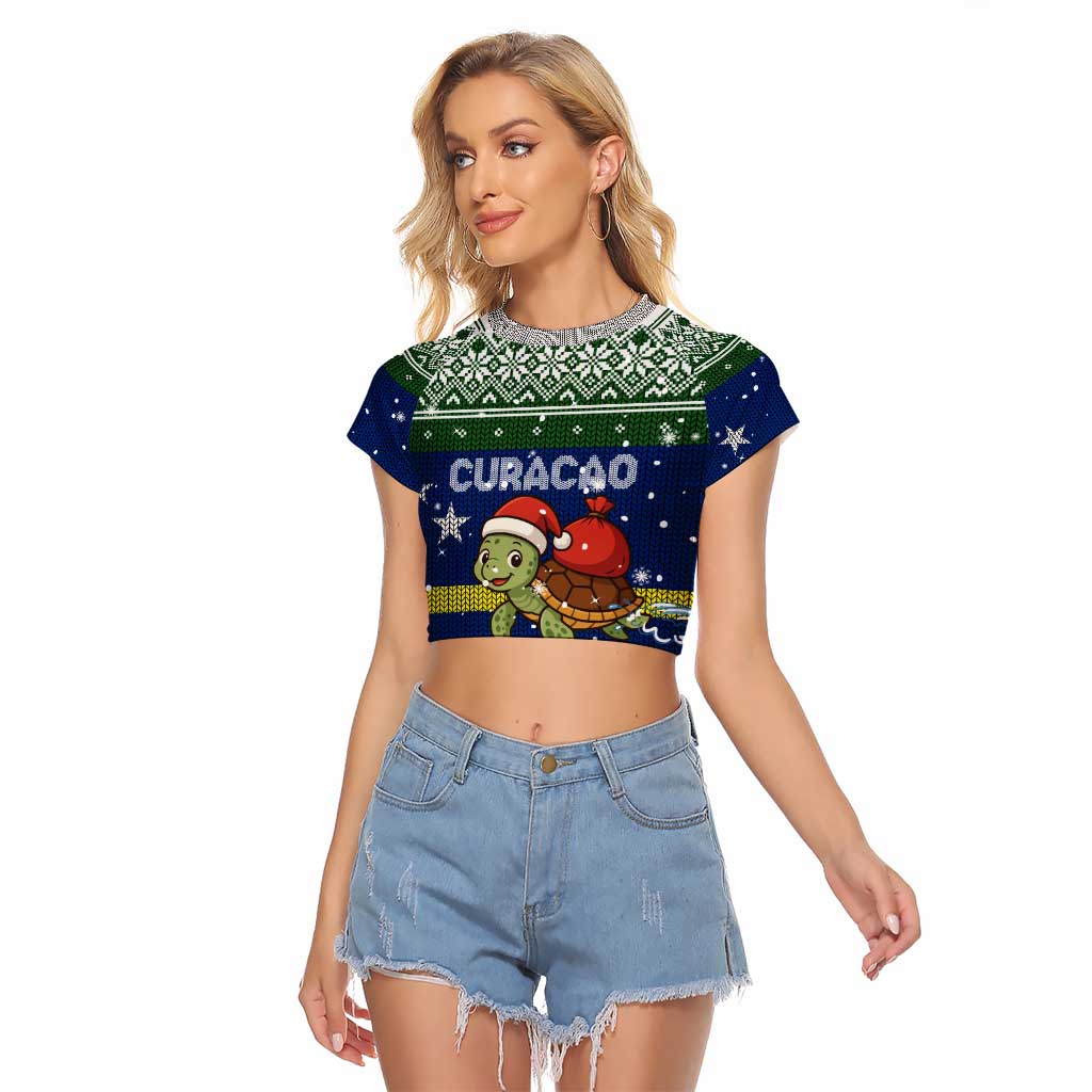 Curacao Christmas Raglan Cropped T Shirt with Santa Turtle Ocean Waves Snowflakes and Holiday Gift Design - Wonder Print Shop