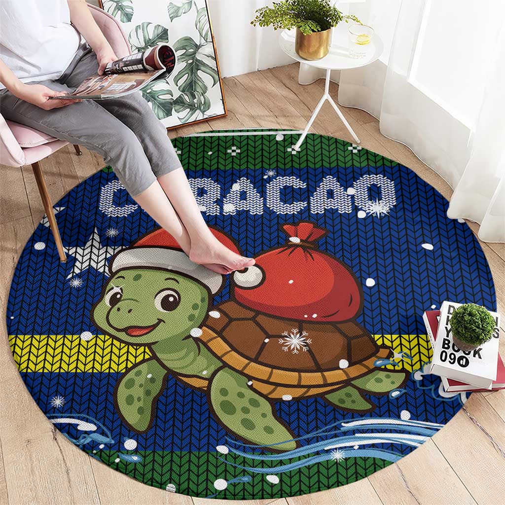 Curacao Christmas Round Carpet with Santa Turtle Ocean Waves Snowflakes and Holiday Gift Design - Wonder Print Shop