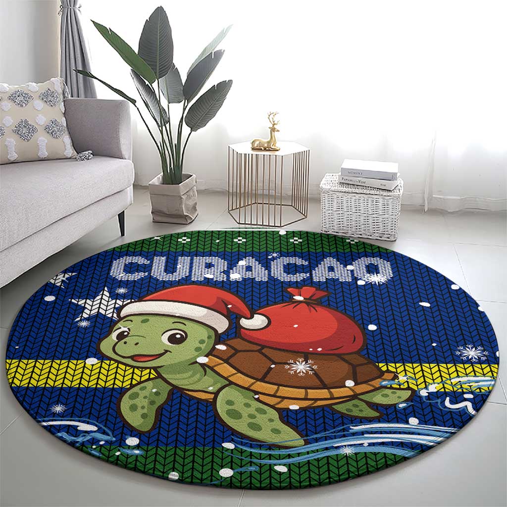 Curacao Christmas Round Carpet with Santa Turtle Ocean Waves Snowflakes and Holiday Gift Design - Wonder Print Shop