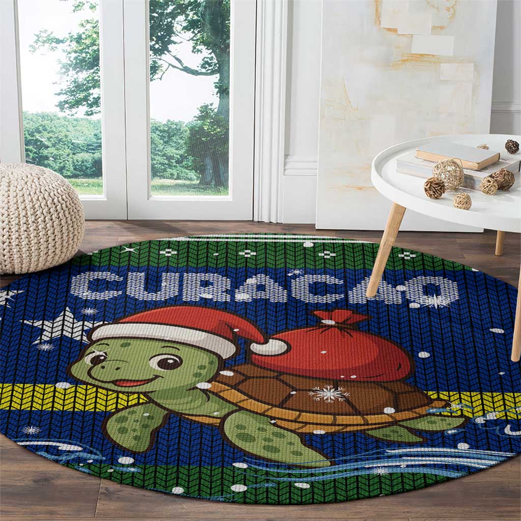 Curacao Christmas Round Carpet with Santa Turtle Ocean Waves Snowflakes and Holiday Gift Design - Wonder Print Shop