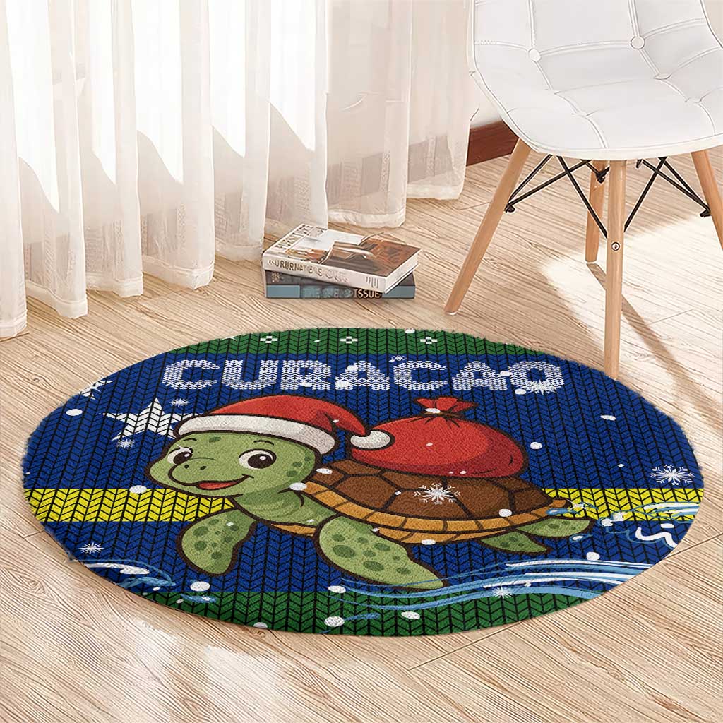 Curacao Christmas Round Carpet with Santa Turtle Ocean Waves Snowflakes and Holiday Gift Design - Wonder Print Shop
