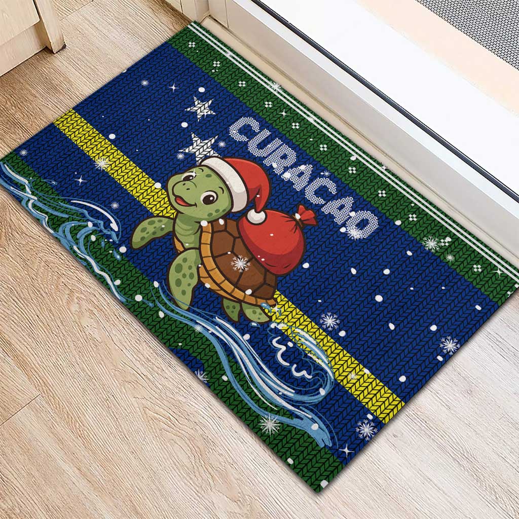 Curacao Christmas Rubber Doormat with Santa Turtle Ocean Waves Snowflakes and Holiday Gift Design - Wonder Print Shop