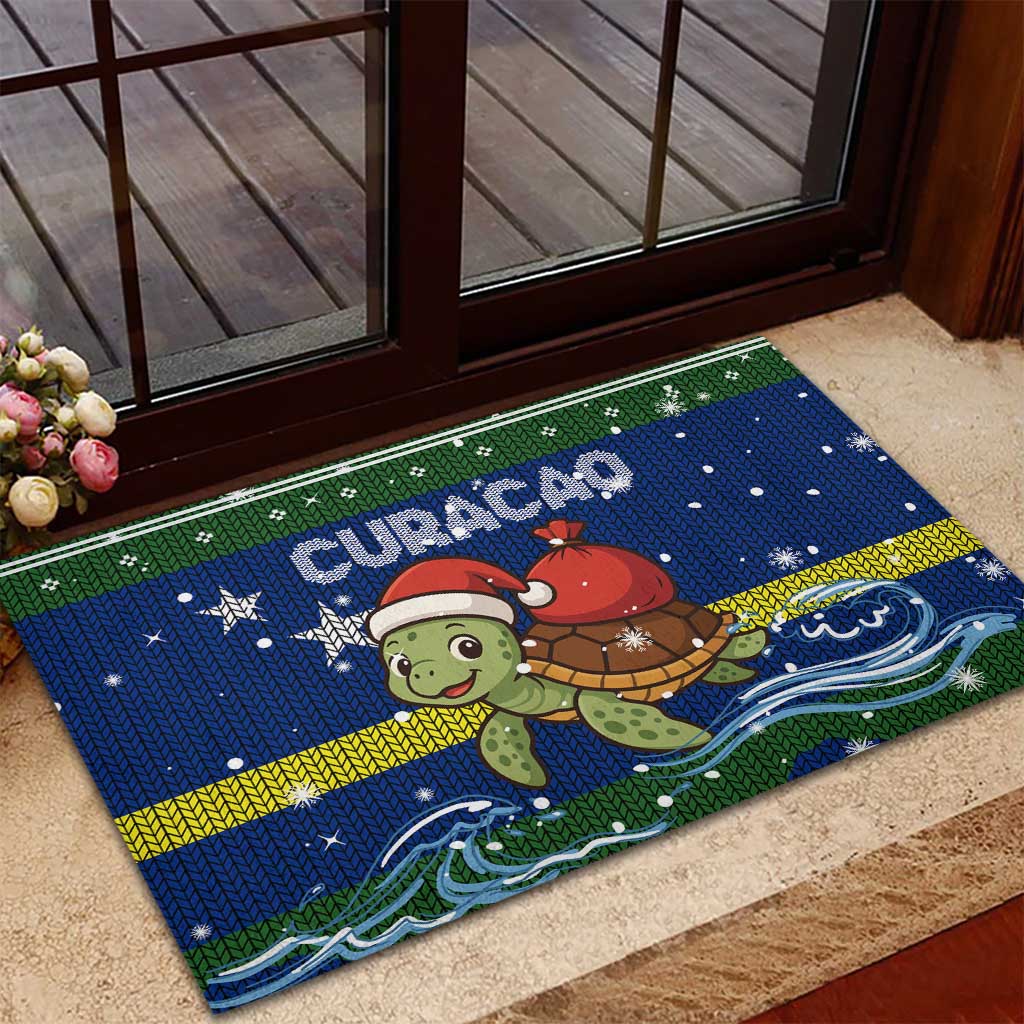 Curacao Christmas Rubber Doormat with Santa Turtle Ocean Waves Snowflakes and Holiday Gift Design - Wonder Print Shop