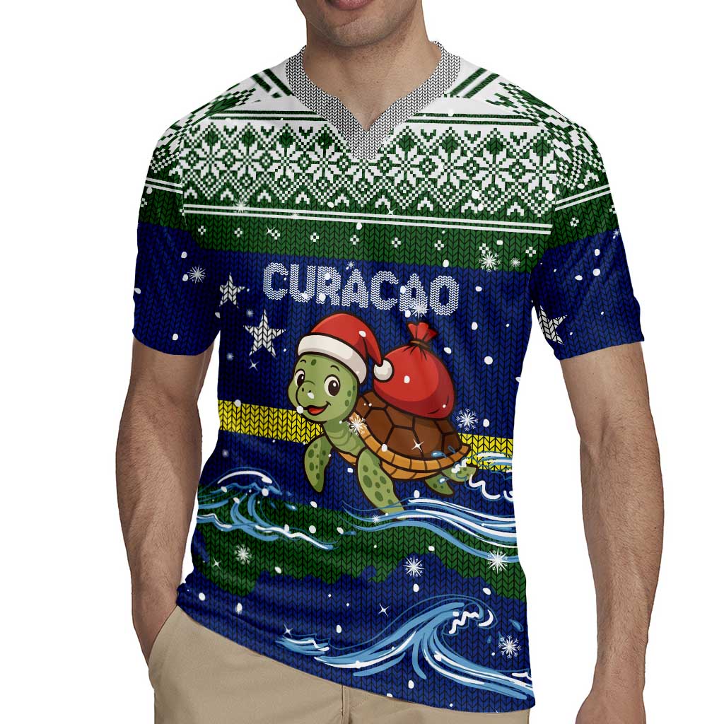 Curacao Christmas Rugby Jersey with Santa Turtle Ocean Waves Snowflakes and Holiday Gift Design - Wonder Print Shop