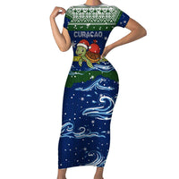 Curacao Christmas Short Sleeve Bodycon Dress with Santa Turtle Ocean Waves Snowflakes and Holiday Gift Design - Wonder Print Shop