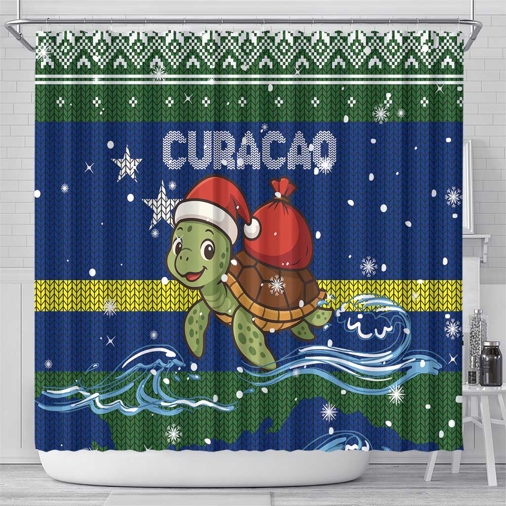 Curacao Christmas Shower Curtain with Santa Turtle Ocean Waves Snowflakes and Holiday Gift Design - Wonder Print Shop