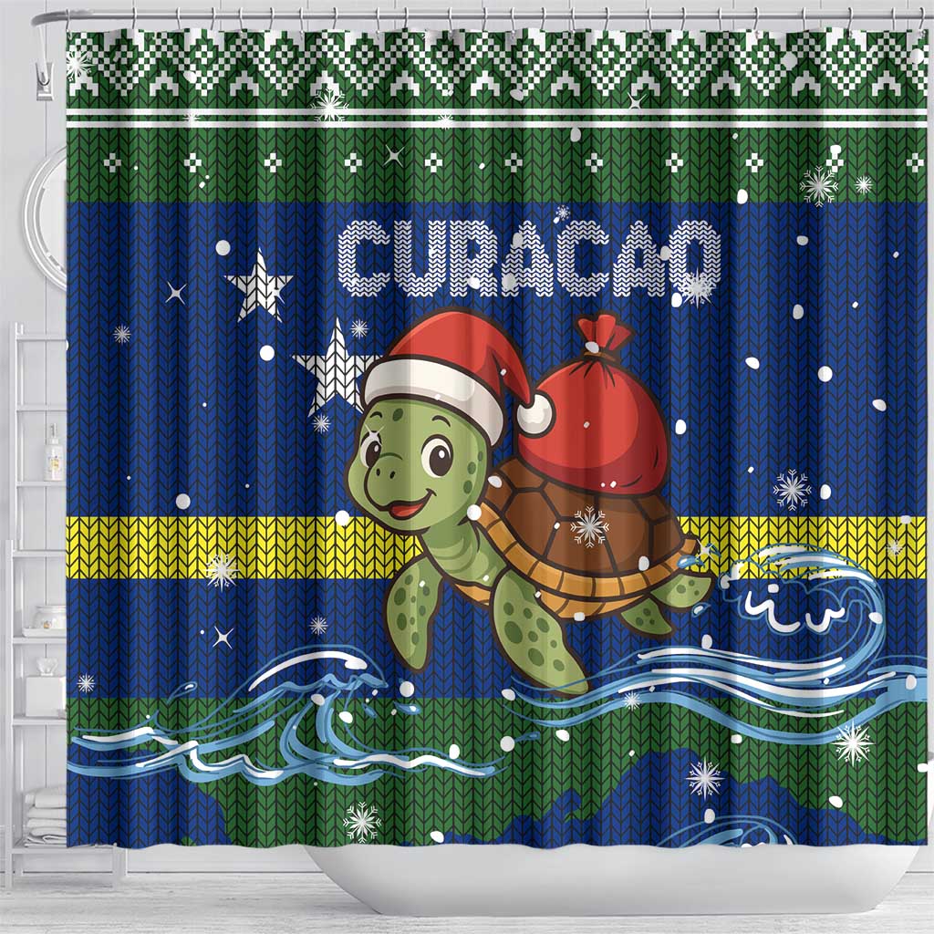 Curacao Christmas Shower Curtain with Santa Turtle Ocean Waves Snowflakes and Holiday Gift Design - Wonder Print Shop