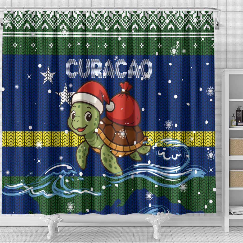 Curacao Christmas Shower Curtain with Santa Turtle Ocean Waves Snowflakes and Holiday Gift Design - Wonder Print Shop