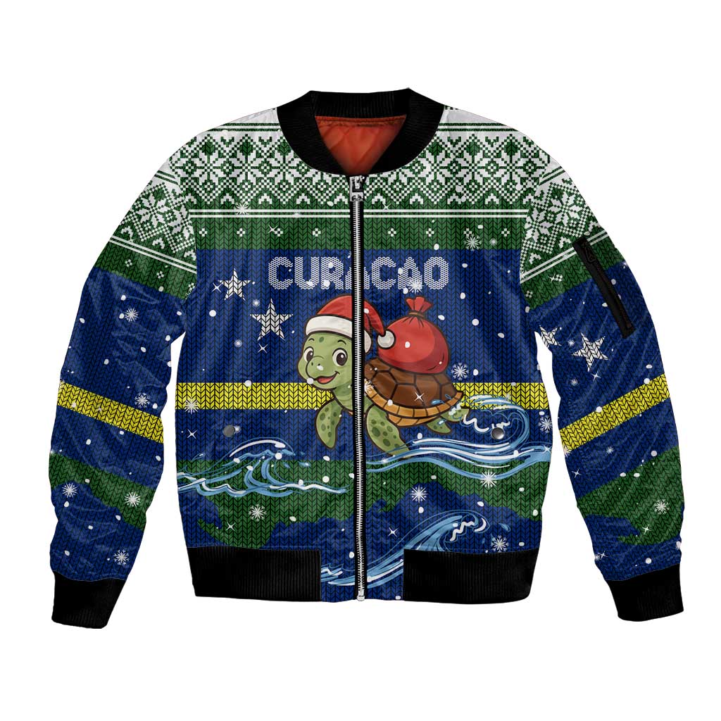 Curacao Christmas Sleeve Zip Bomber Jacket with Santa Turtle Ocean Waves Snowflakes and Holiday Gift Design - Wonder Print Shop