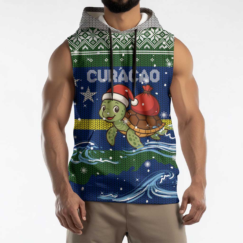 Curacao Christmas Sleeveless Hoodie with Santa Turtle Ocean Waves Snowflakes and Holiday Gift Design - Wonder Print Shop