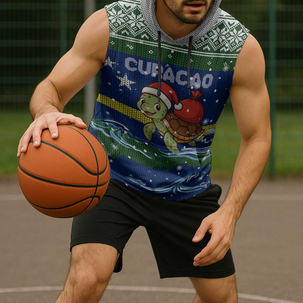 Curacao Christmas Sleeveless Hoodie with Santa Turtle Ocean Waves Snowflakes and Holiday Gift Design - Wonder Print Shop