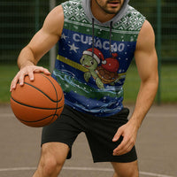 Curacao Christmas Sleeveless Hoodie with Santa Turtle Ocean Waves Snowflakes and Holiday Gift Design - Wonder Print Shop