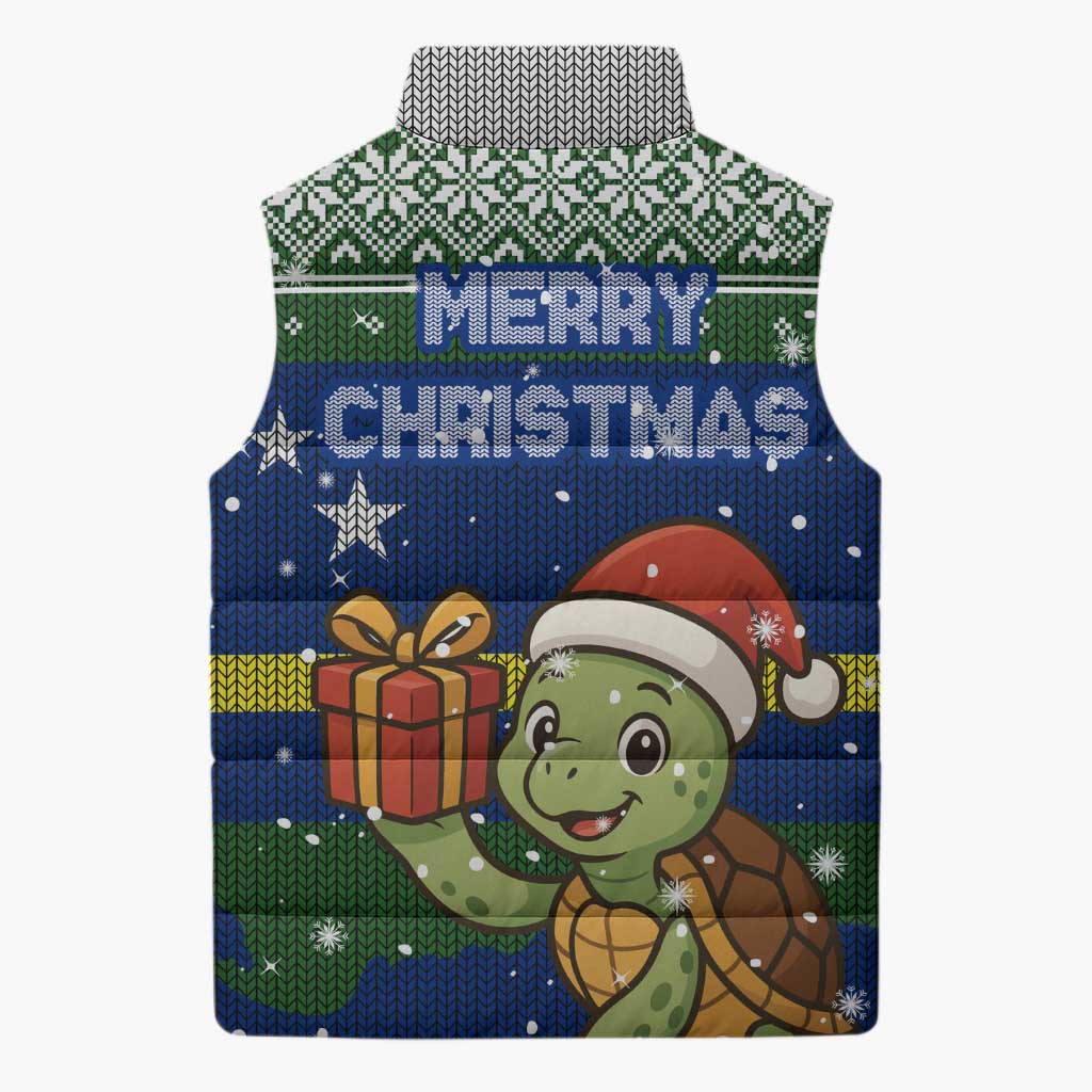 Curacao Christmas Sleeveless Puffer Jacket with Santa Turtle Ocean Waves Snowflakes and Holiday Gift Design - Wonder Print Shop