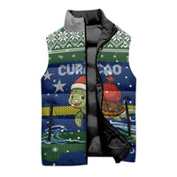 Curacao Christmas Sleeveless Puffer Jacket with Santa Turtle Ocean Waves Snowflakes and Holiday Gift Design - Wonder Print Shop