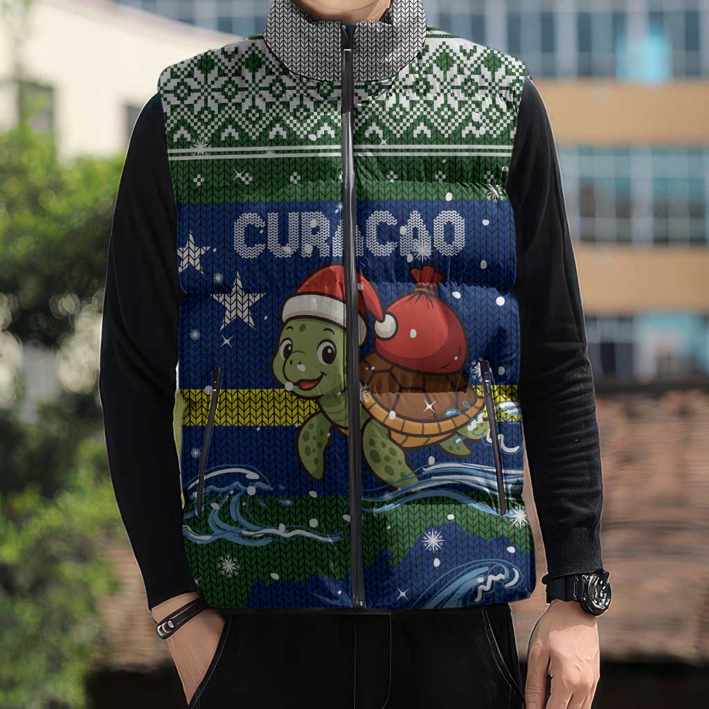 Curacao Christmas Sleeveless Puffer Jacket with Santa Turtle Ocean Waves Snowflakes and Holiday Gift Design - Wonder Print Shop