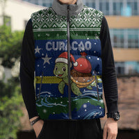 Curacao Christmas Sleeveless Puffer Jacket with Santa Turtle Ocean Waves Snowflakes and Holiday Gift Design - Wonder Print Shop